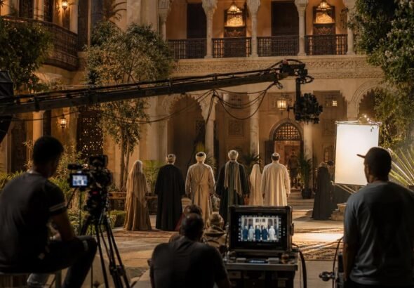طاقم تصوير درامي عربي يعمل داخل موقع تاريخي مجهز سينمائيًا