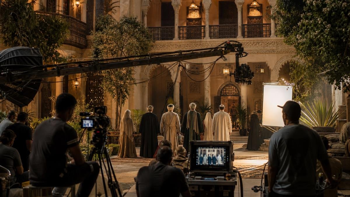 طاقم تصوير درامي عربي يعمل داخل موقع تاريخي مجهز سينمائيًا