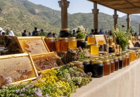 عبوات عسل وأقراص شمع في جناح مفتوح بمهرجان الباحة