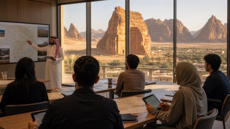 متدربون في ورشة سياحية تطل على التكوينات الصخرية في العلا