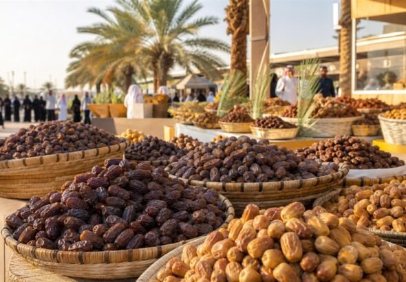 سلال من أصناف التمور في سوق مفتوح تحيط به أشجار النخيل
