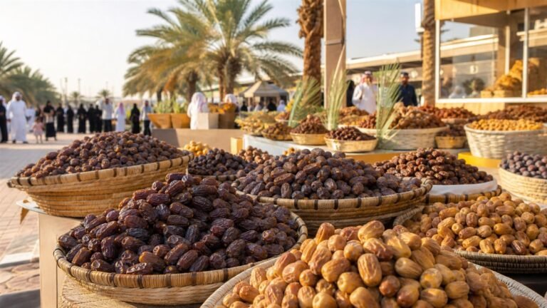 سلال من أصناف التمور في سوق مفتوح تحيط به أشجار النخيل
