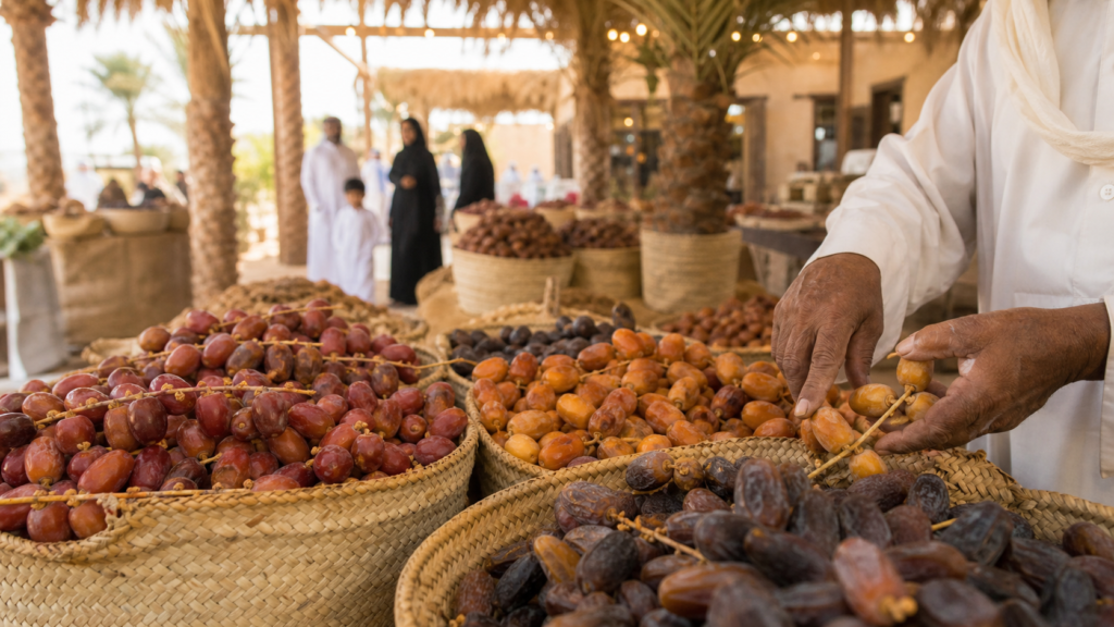 سلال رطب محلي ومزارع يرتب المحصول في مهرجان الذيد