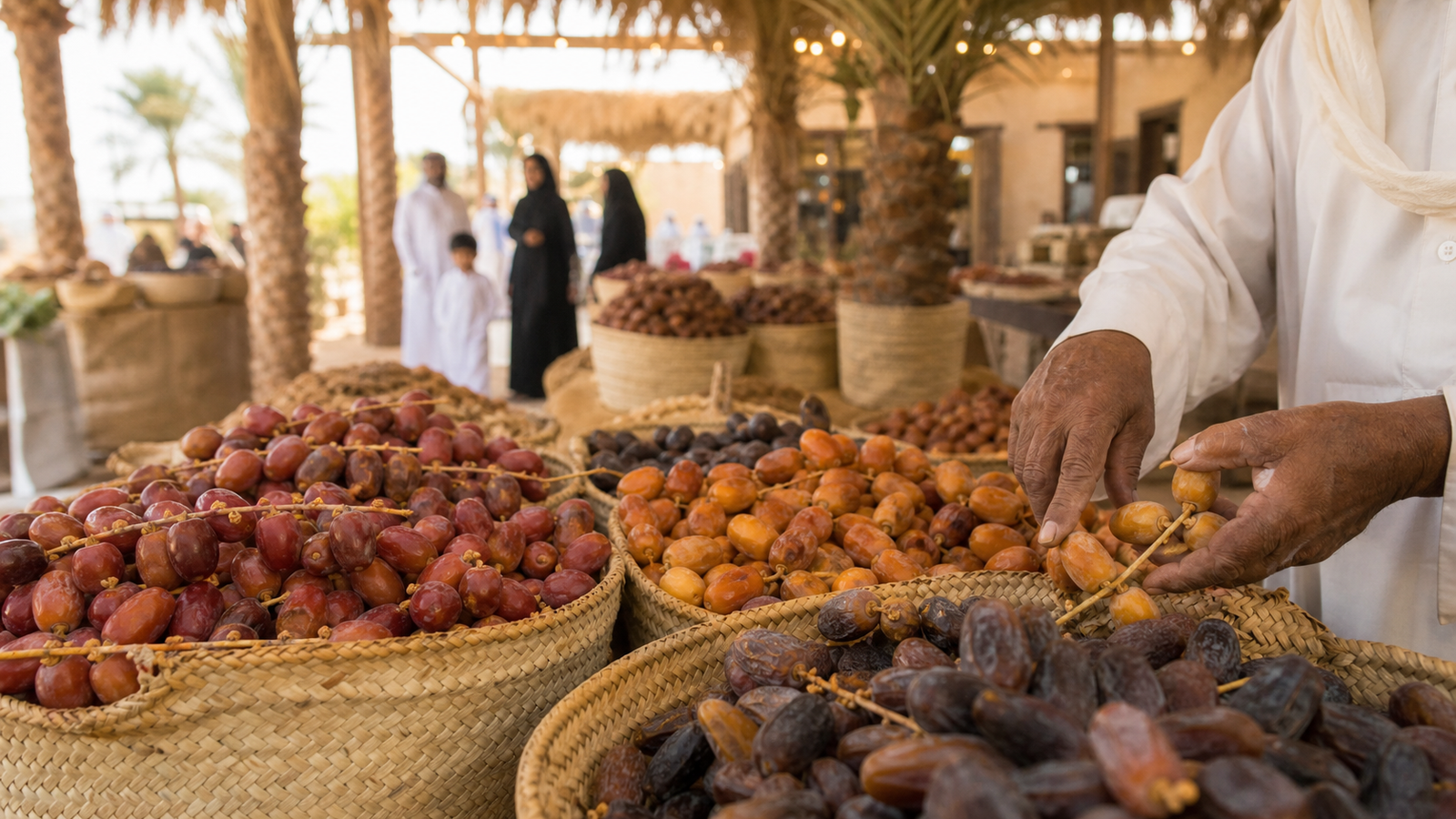 سلال رطب محلي ومزارع يرتب المحصول في مهرجان الذيد