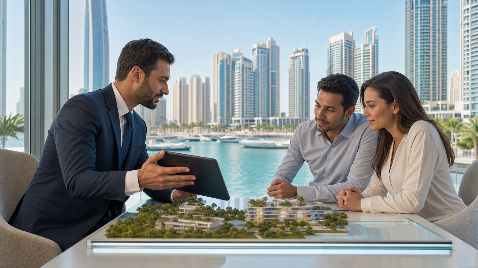 مستشار عقاري يعرض مشروعًا سكنيًا بحريًا في دبي على مستثمرين