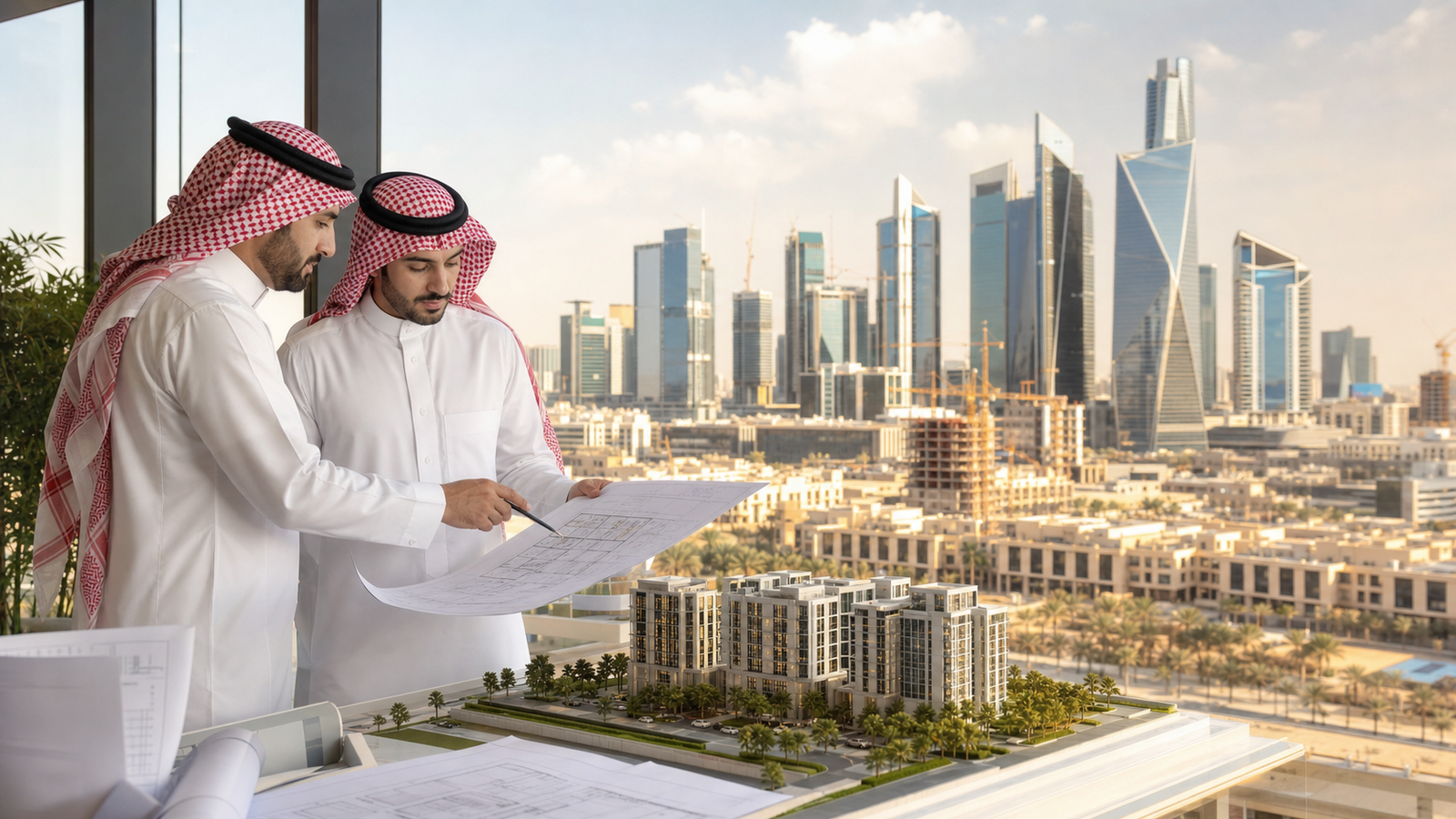 مستشارون عقاريون يراجعون مخطط مشروع سكني حديث في الرياض
