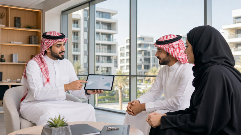 وسيط عقاري سعودي يستعرض عقد وساطة رقميًا أمام مشروعات حديثة