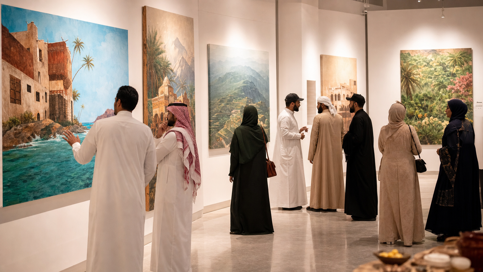 زوار يتأملون لوحات مستوحاة من بيئة جازان في معرض وهج