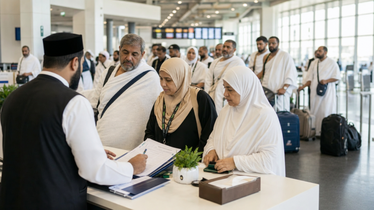 مشرف يراجع أوراق معتمرين في صالة سفر