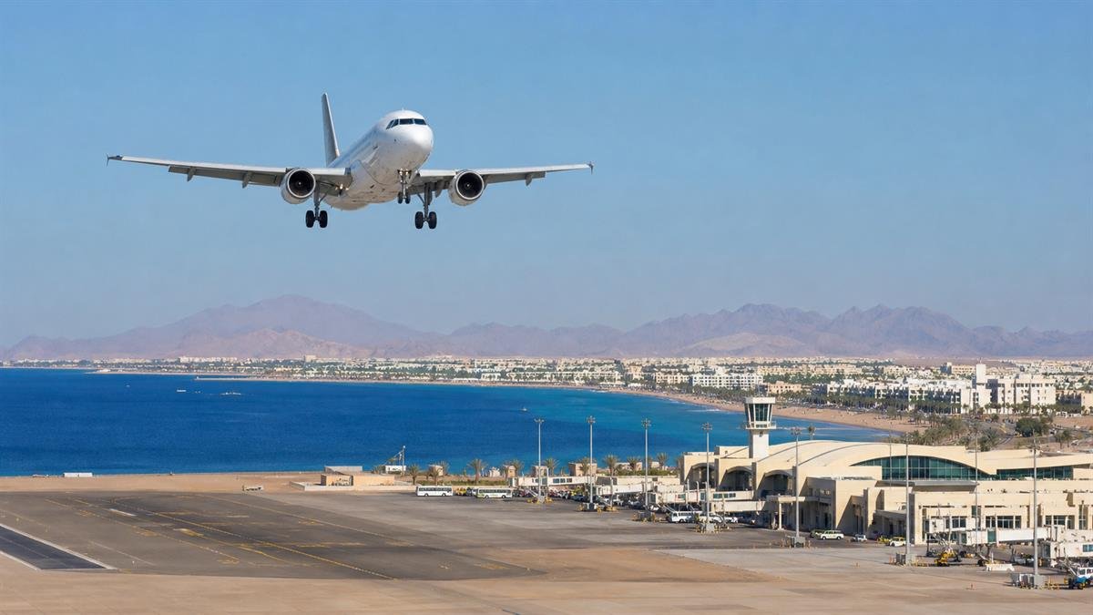 طائرة ركاب تقترب من مطار ساحلي مصري في أجواء صيفية