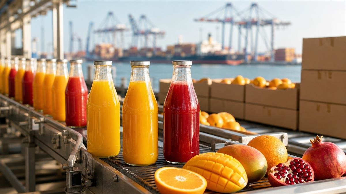 زجاجات عصائر وفاكهة على خط إنتاج مخصص للتصدير