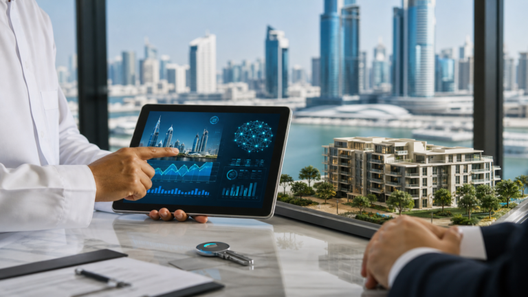 منصة رقمية لتقييم وتسجيل العقارات أمام نموذج لمشروع سكني في دبي