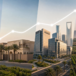 مشهد يجمع السكن والتجارة والأراضي الزراعية مع خط يرمز لمؤشر العقار السعودي