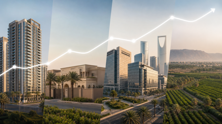 مشهد يجمع السكن والتجارة والأراضي الزراعية مع خط يرمز لمؤشر العقار السعودي