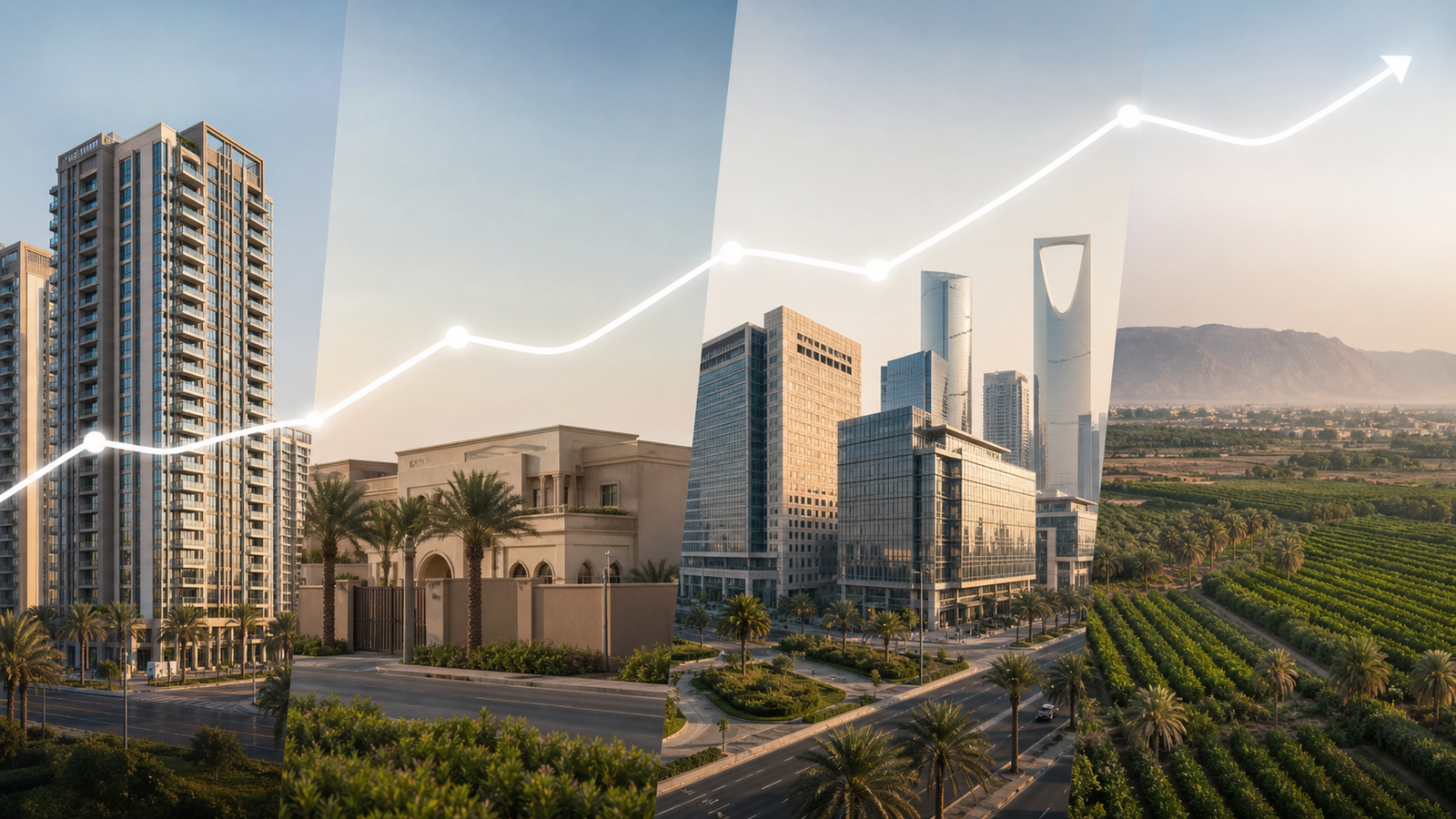 مشهد يجمع السكن والتجارة والأراضي الزراعية مع خط يرمز لمؤشر العقار السعودي