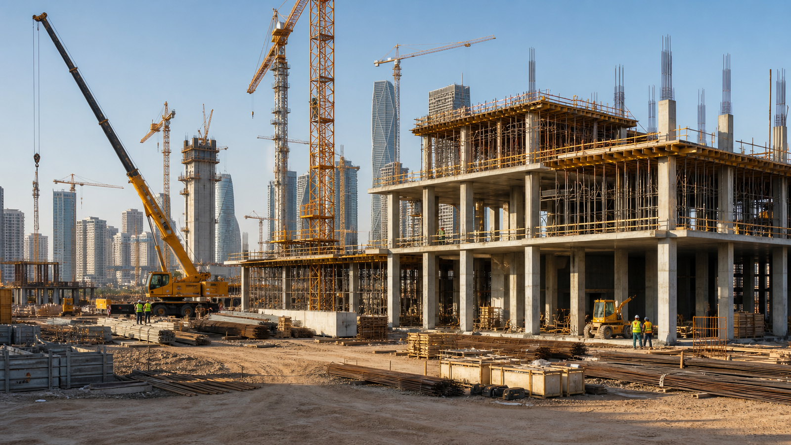 رافعات ومعدات ومواد بناء في مشروع إنشائي حديث بمدينة سعودية