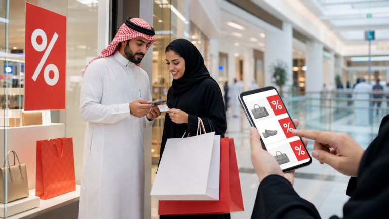 متسوقون يقارنون عروض موسم التخفيضات في مركز تجاري سعودي