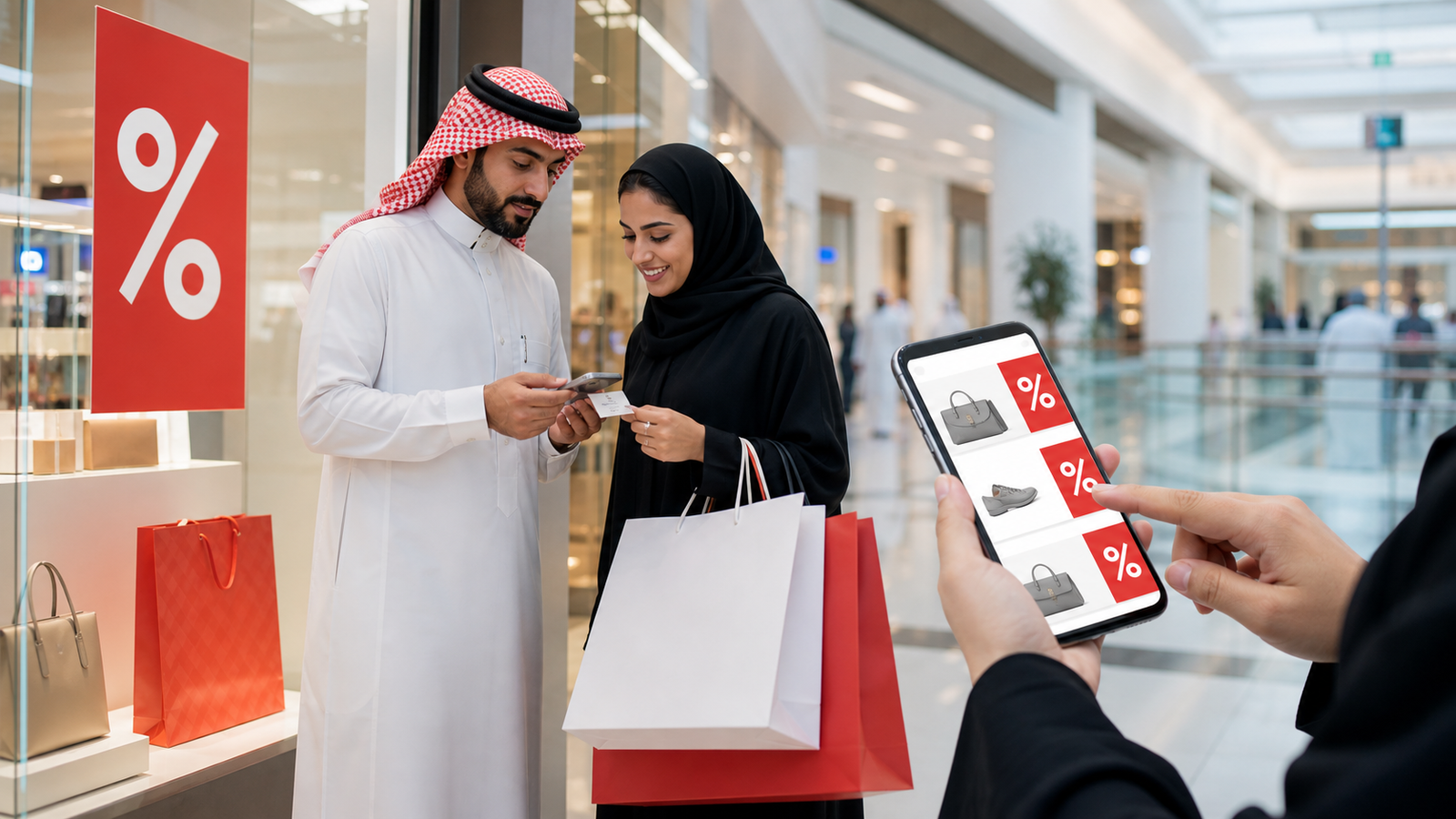 متسوقون يقارنون عروض موسم التخفيضات في مركز تجاري سعودي