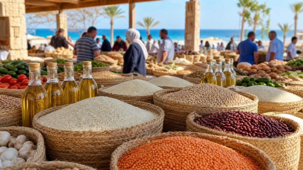 سلال سلع غذائية في سوق مفتوح بالقرب من ساحل مرسى مطروح