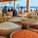 سلال سلع غذائية في سوق مفتوح بالقرب من ساحل مرسى مطروح