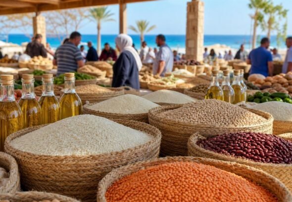 سلال سلع غذائية في سوق مفتوح بالقرب من ساحل مرسى مطروح