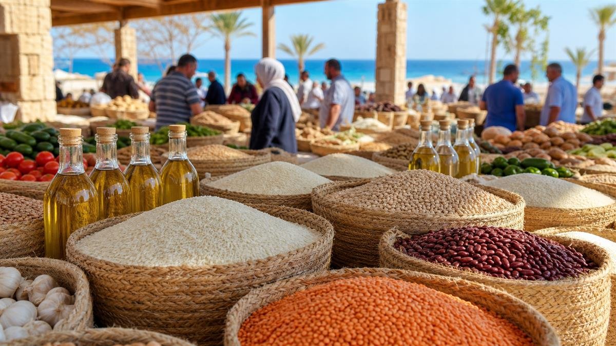 سلال سلع غذائية في سوق مفتوح بالقرب من ساحل مرسى مطروح