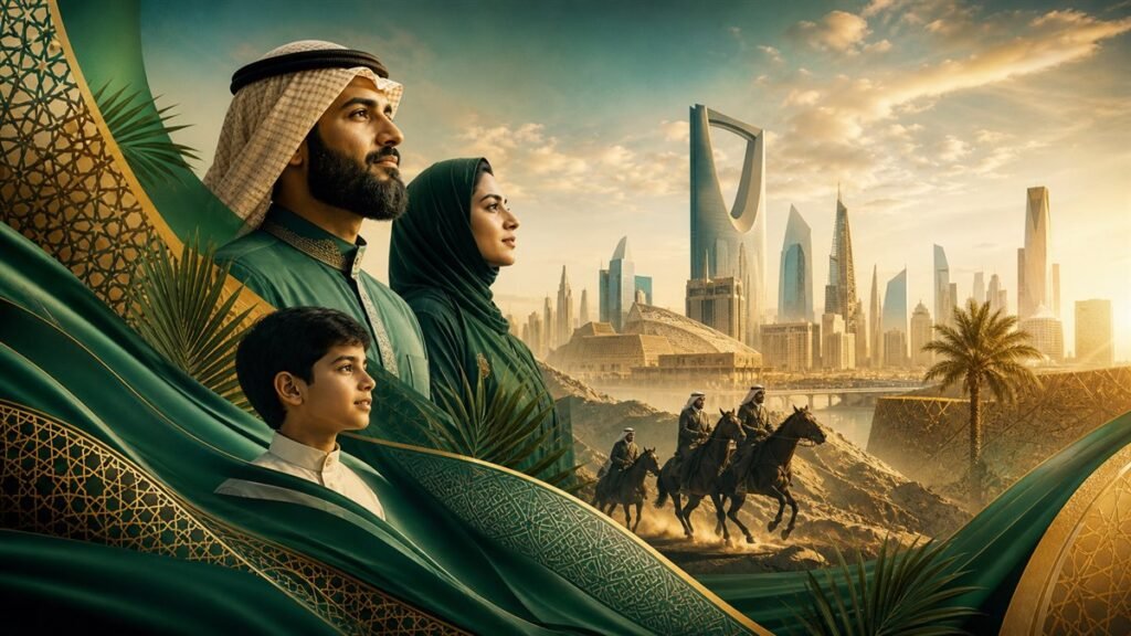 مشهد بصري سعودي باللونين الأخضر والذهبي يعكس الأصالة والطموح