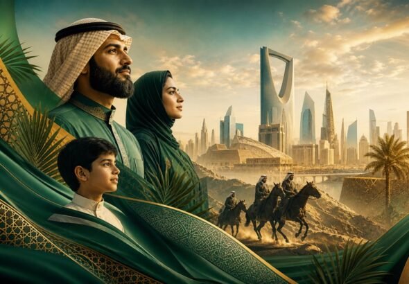 مشهد بصري سعودي باللونين الأخضر والذهبي يعكس الأصالة والطموح