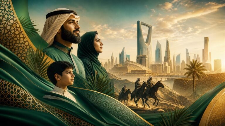 مشهد بصري سعودي باللونين الأخضر والذهبي يعكس الأصالة والطموح