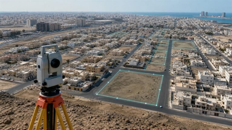 جهاز مسح هندسي أمام أحياء سكنية ترمز للسجل العقاري في مكة وجدة