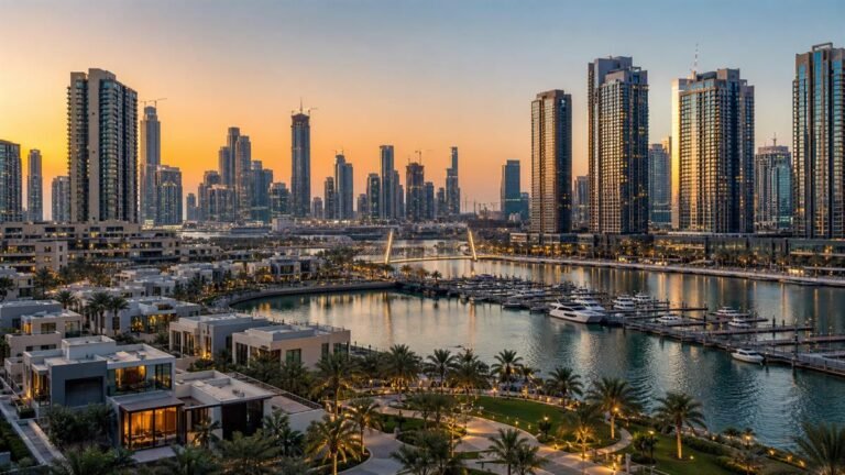 أبراج ومشروعات سكنية حديثة على واجهة مائية في الإمارات