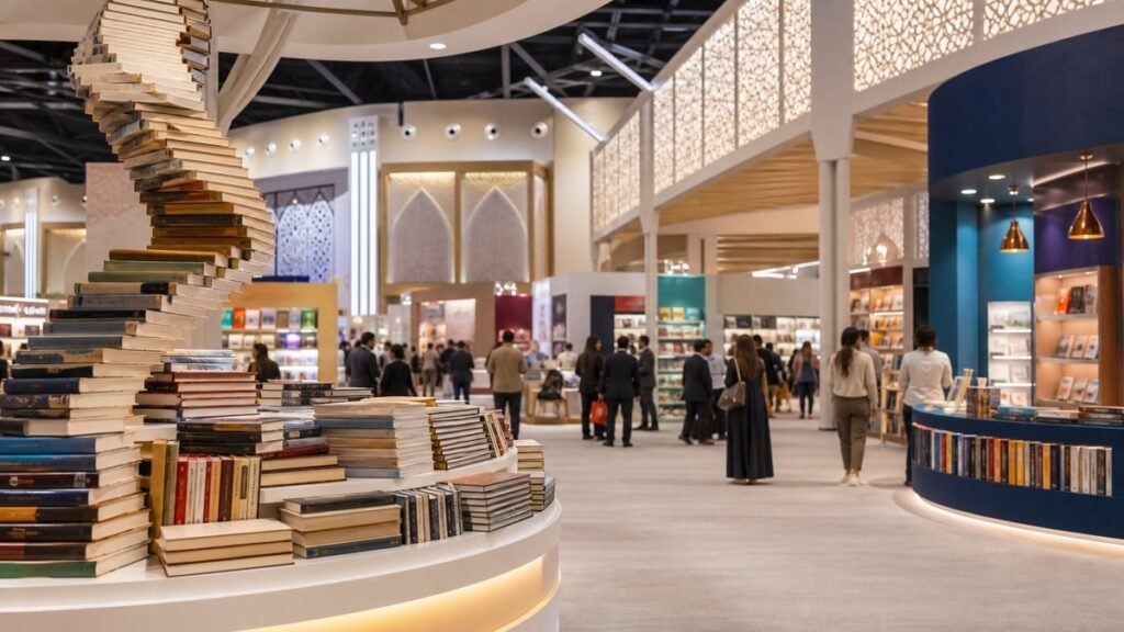 قاعة واسعة لمعرض كتب دولي في أبوظبي مع أجنحة نشر وزوار