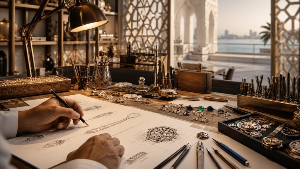 طاولة مصمم مجوهرات وساعات تضم رسومات وأدوات وأحجارًا داخل استوديو في أبوظبي