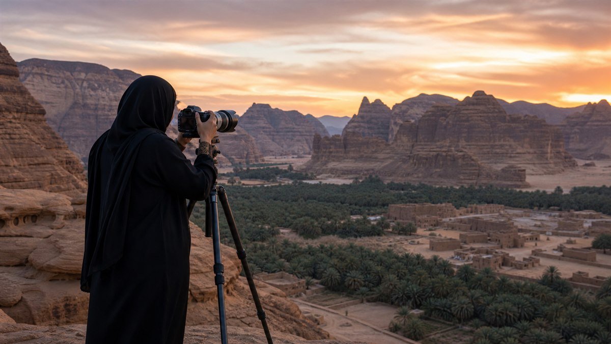 مُصورة توثق واحة العلا وتكويناتها الصخرية وقت الغروب