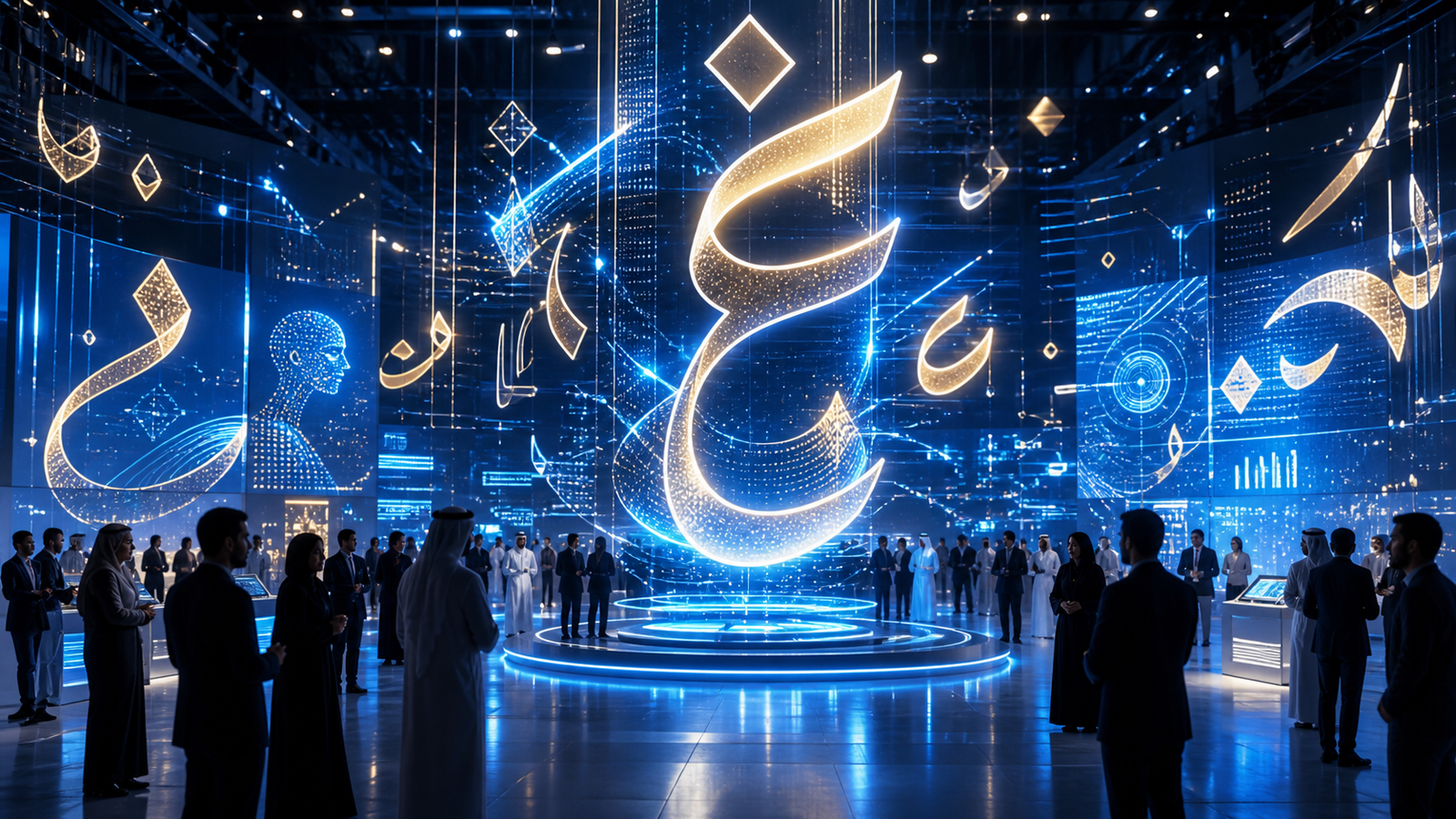 حروف عربية مضيئة تتداخل مع دوائر الذكاء الاصطناعي في معرض تقني