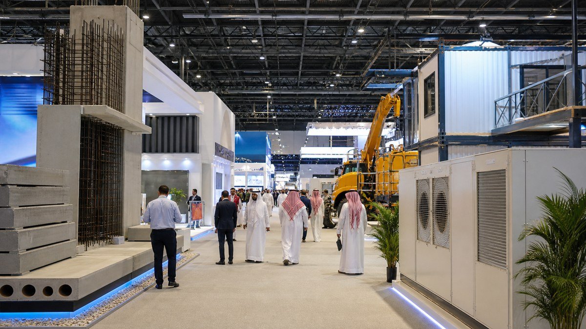 زوار ومعدات بناء حديثة داخل معرض تشييد دولي في الرياض
