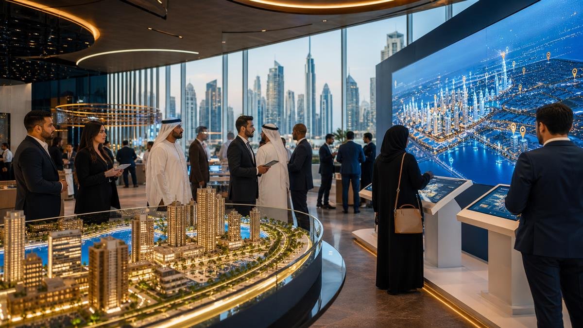 زوار يستعرضون بيانات عقارية ذكية ونموذجًا عمرانيًا حديثًا في دبي