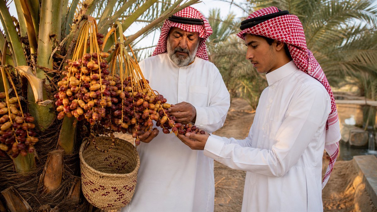 مزارعان يفحصان عناقيد التمر في مزرعة نخيل بالقصيم