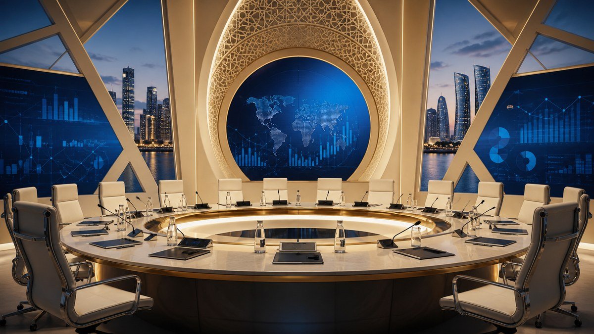قاعة اجتماعات دولية حديثة في أبوظبي مع شاشات بيانات اقتصادية