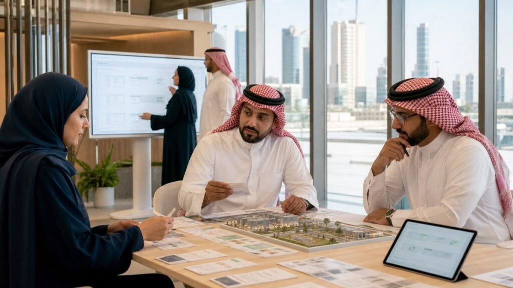 مختصون سعوديون يراجعون بطاقات سياسات ومشروعات تنظيمية في مساحة عمل حديثة