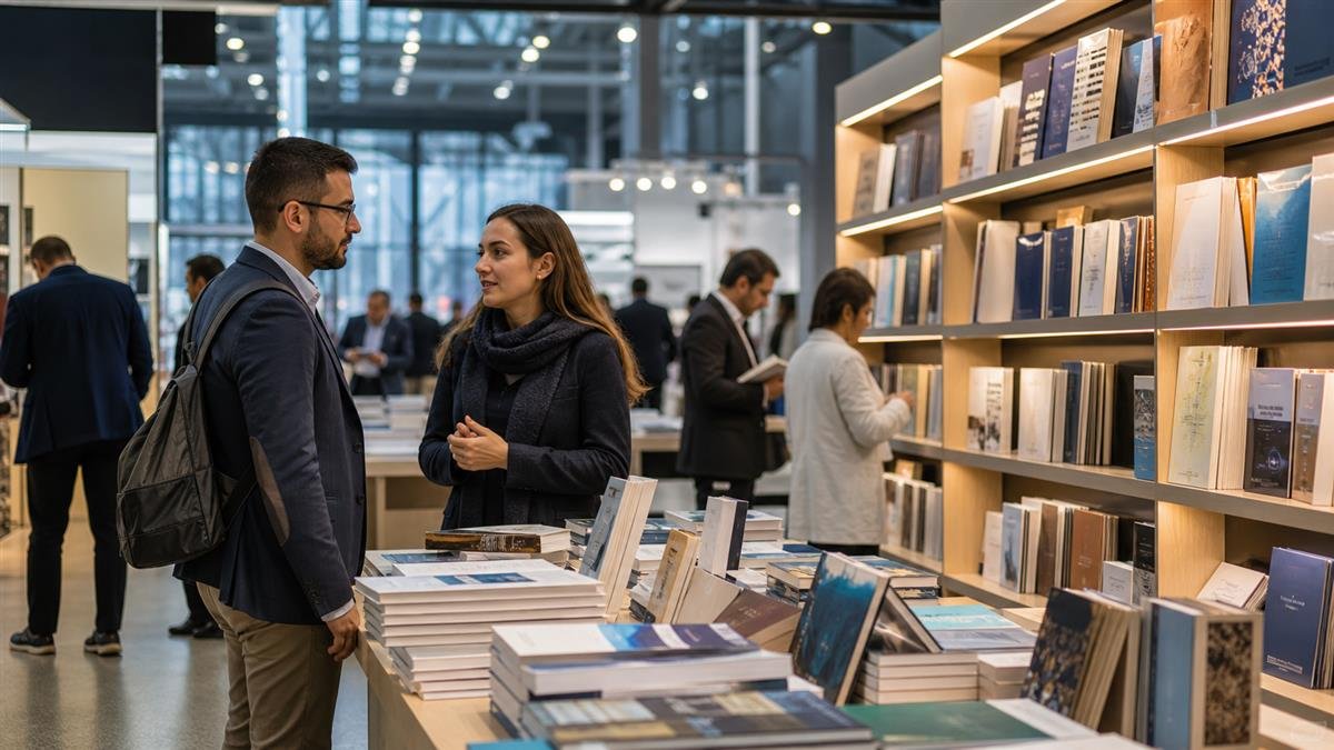 باحثون وزوار داخل جناح كتب ودراسات في معرض دولي للكتاب