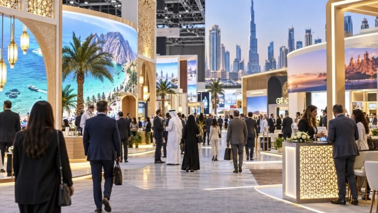 زوار ومتخصصون في جناح سياحي حديث خلال معرض دولي في دبي