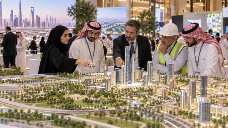 مهندسون ومطورون يراجعون نموذجًا عمرانيًا في قمة المشاريع السعودية الكبرى