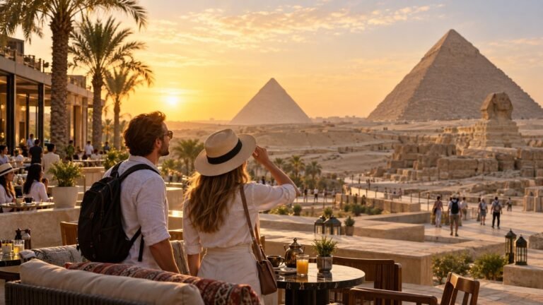 سياح أمام أهرامات الجيزة مع منشآت ضيافة مصرية حديثة