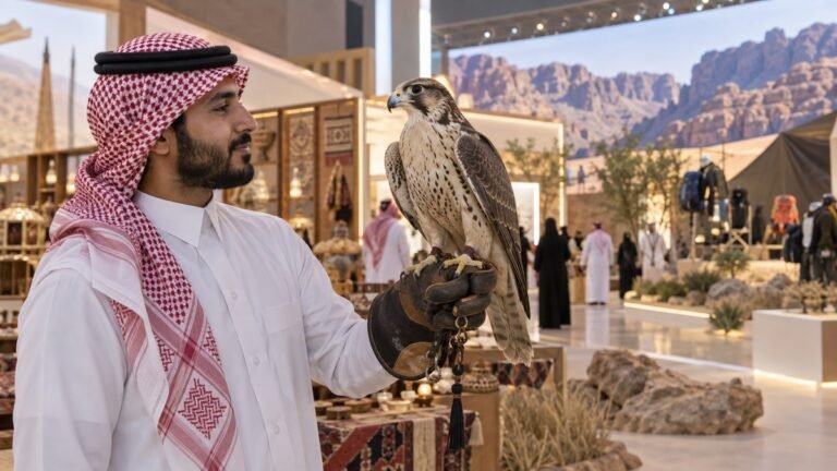 صقار سعودي يحمل صقرًا داخل معرض تراثي حديث في ملهم