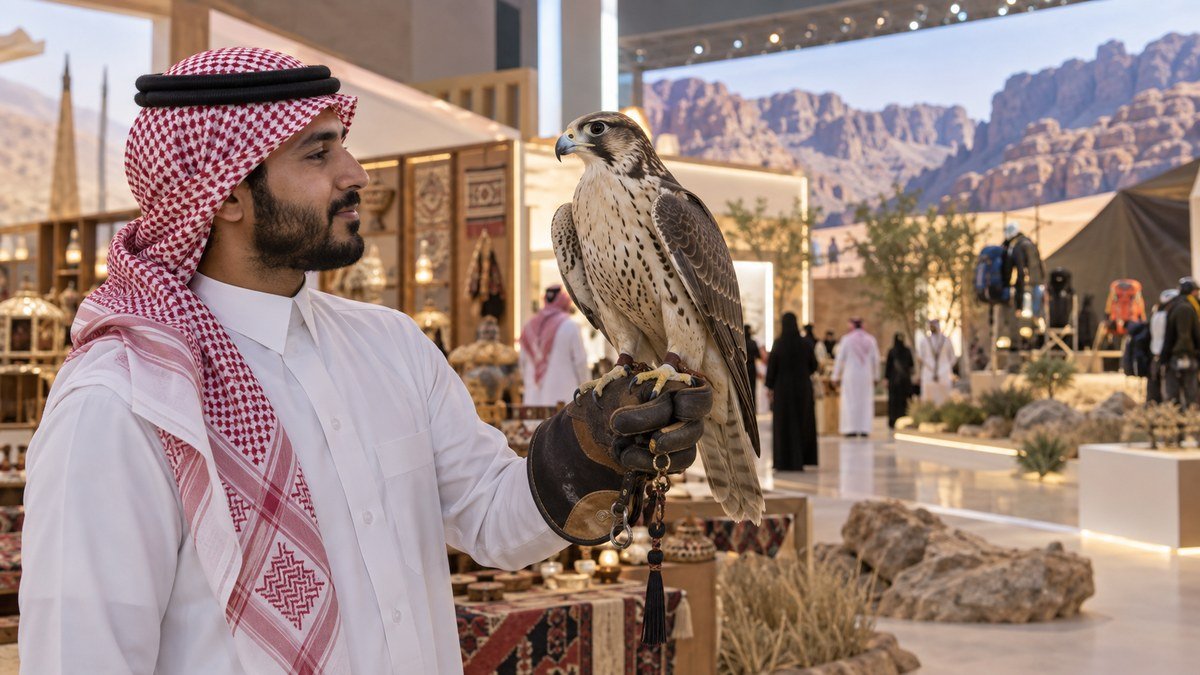 صقار سعودي يحمل صقرًا داخل معرض تراثي حديث في ملهم