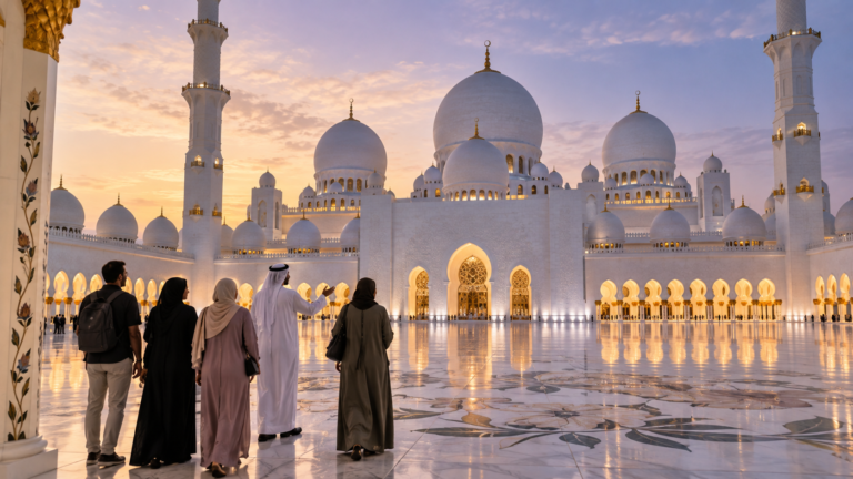زوار في جولة ثقافية أمام عمارة جامع الشيخ زايد الكبير