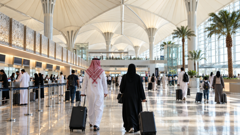 مسافرون داخل صالة حديثة مستوحاة من تصميم مبنى 4 بمطار جدة