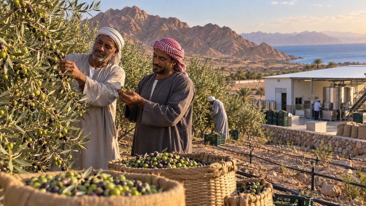 مزارعون يفحصون ثمار الزيتون في بستان مستدام بجنوب سيناء