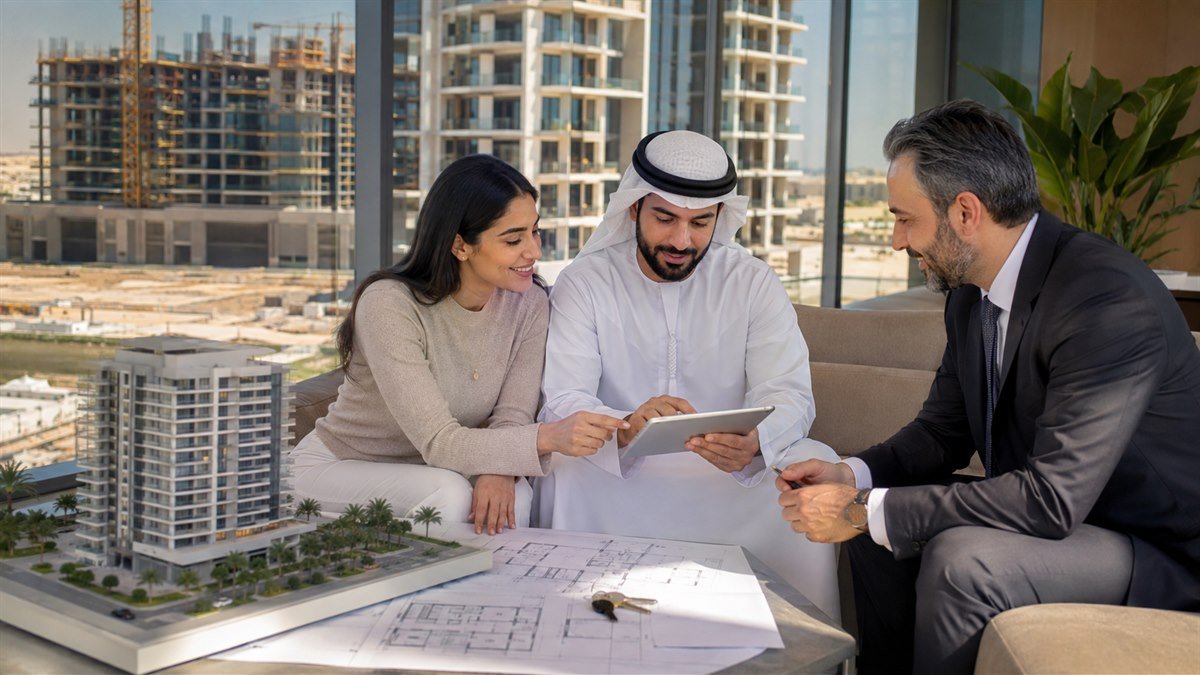صورة تحريرية لمشترين ومستشار تمويل أمام مشروع سكني قيد التطوير في أبوظبي